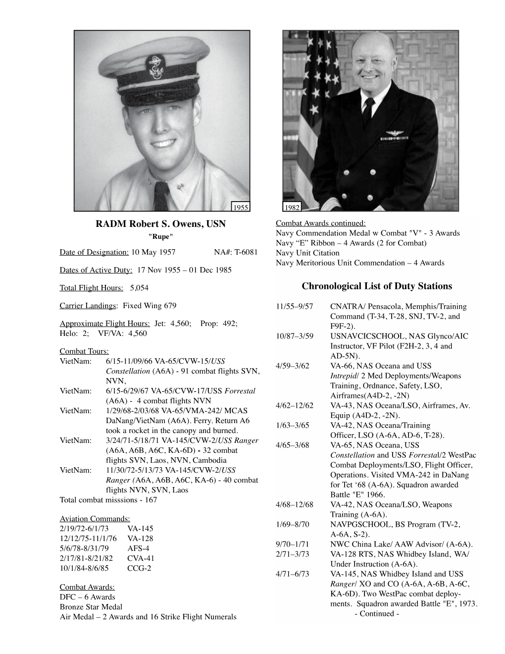 RADM Robert S. Owens, USN Chronological List of Duty Stations