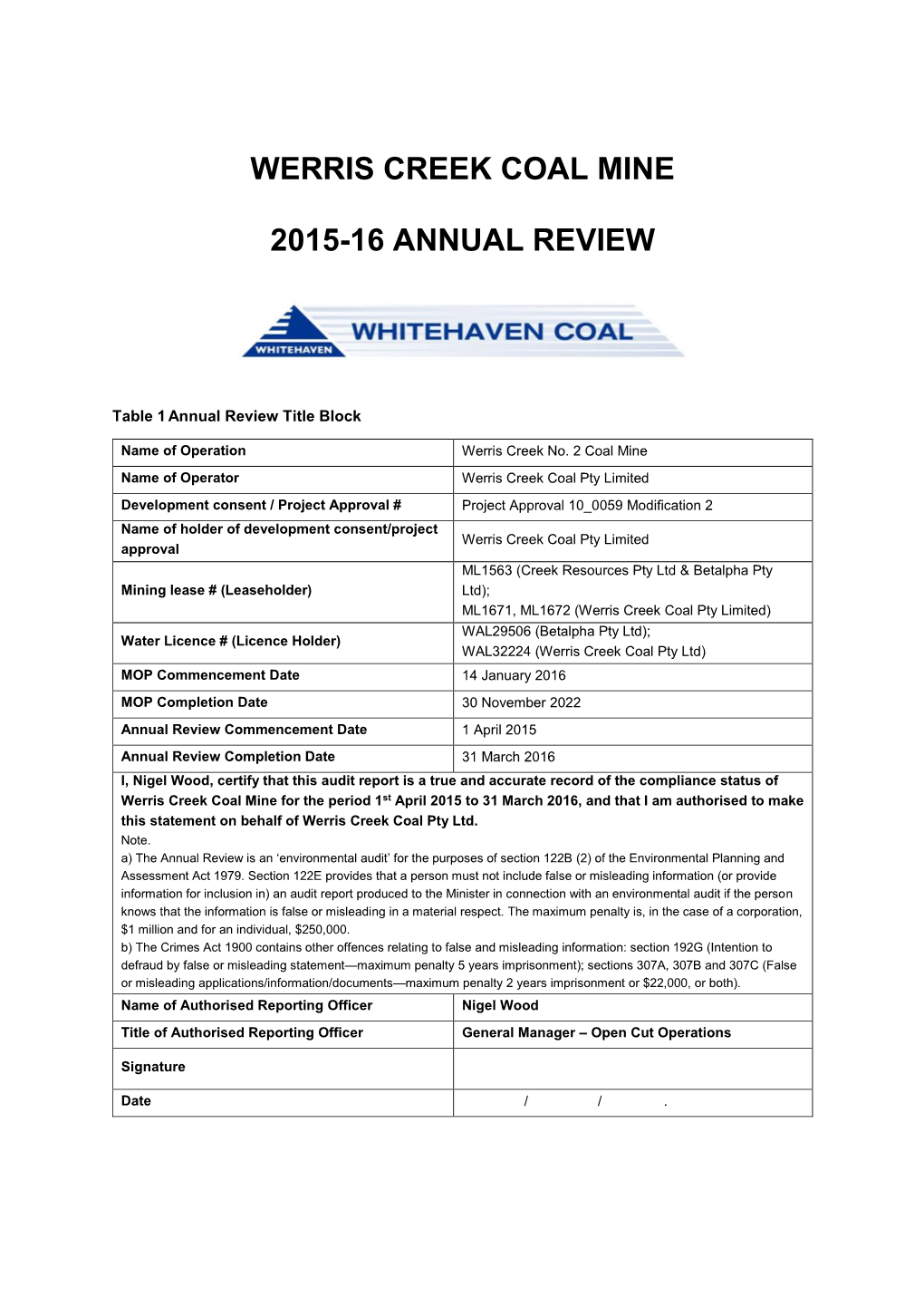 Werris Creek Coal Mine 2015-16 Annual Review