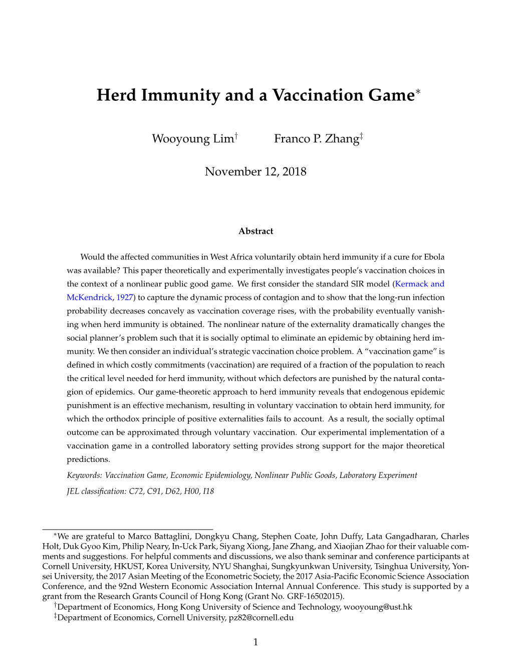 Herd Immunity and a Vaccination Game∗