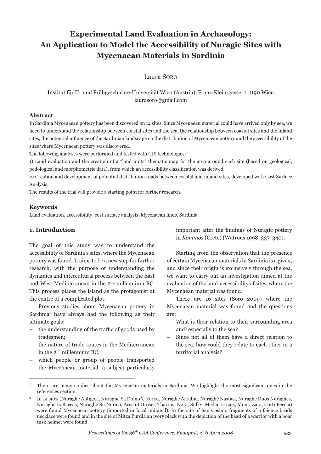 Experimental Land Evaluation in Archaeology: an Application to Model the Accessibility of Nuragic Sites with Mycenaean Materials in Sardinia