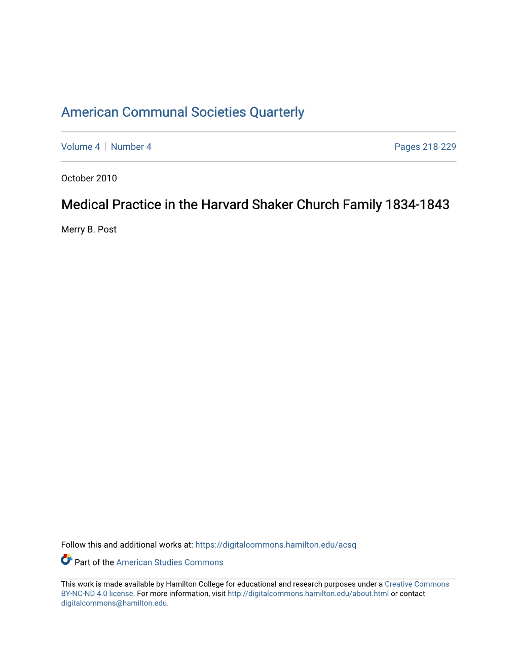 Medical Practice in the Harvard Shaker Church Family 1834-1843