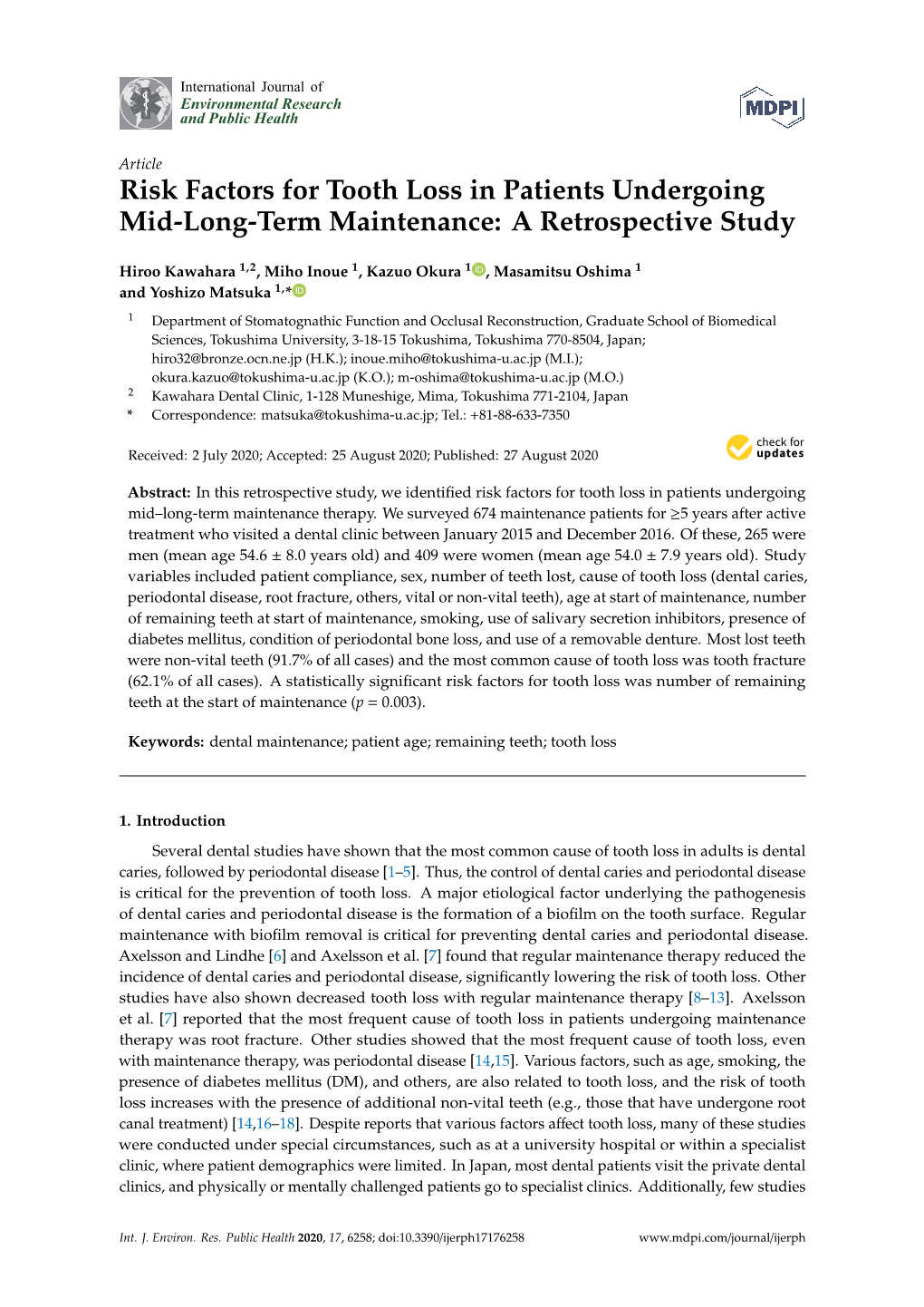 Risk Factors for Tooth Loss in Patients Undergoing Mid-Long-Term Maintenance: a Retrospective Study