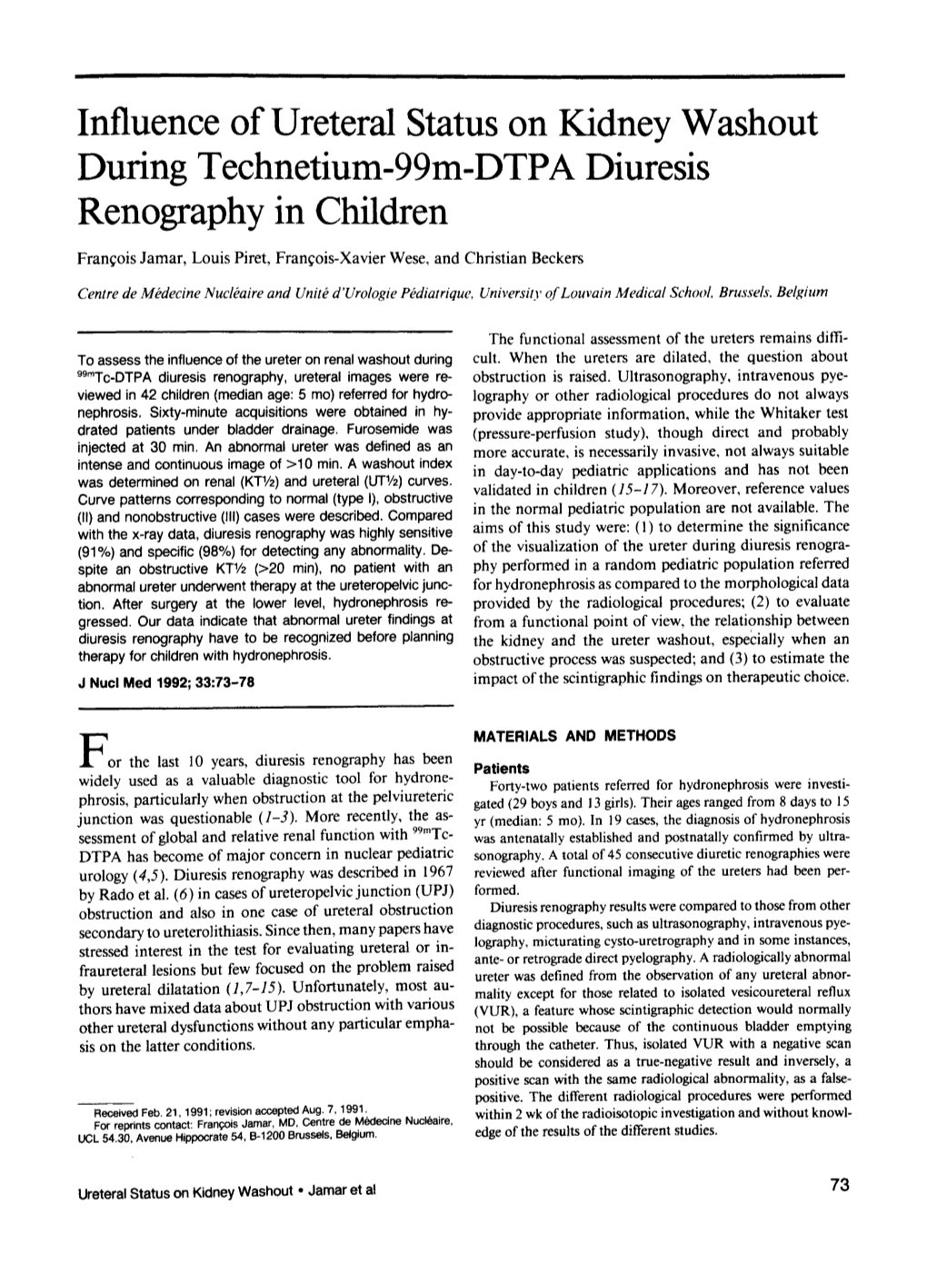 Influence of Ureteral Status on Kidney Washout During Technetium-99M-DTPA Diuresis Renography in Children