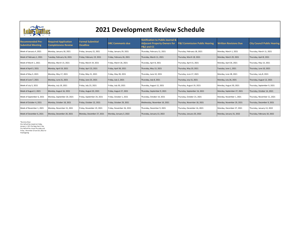 2021 Development Review Schedule