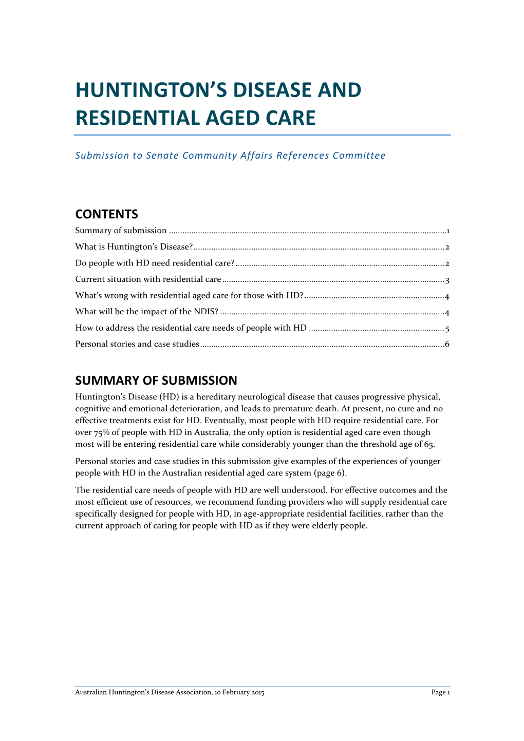 Huntington's Disease and Residential Aged Care