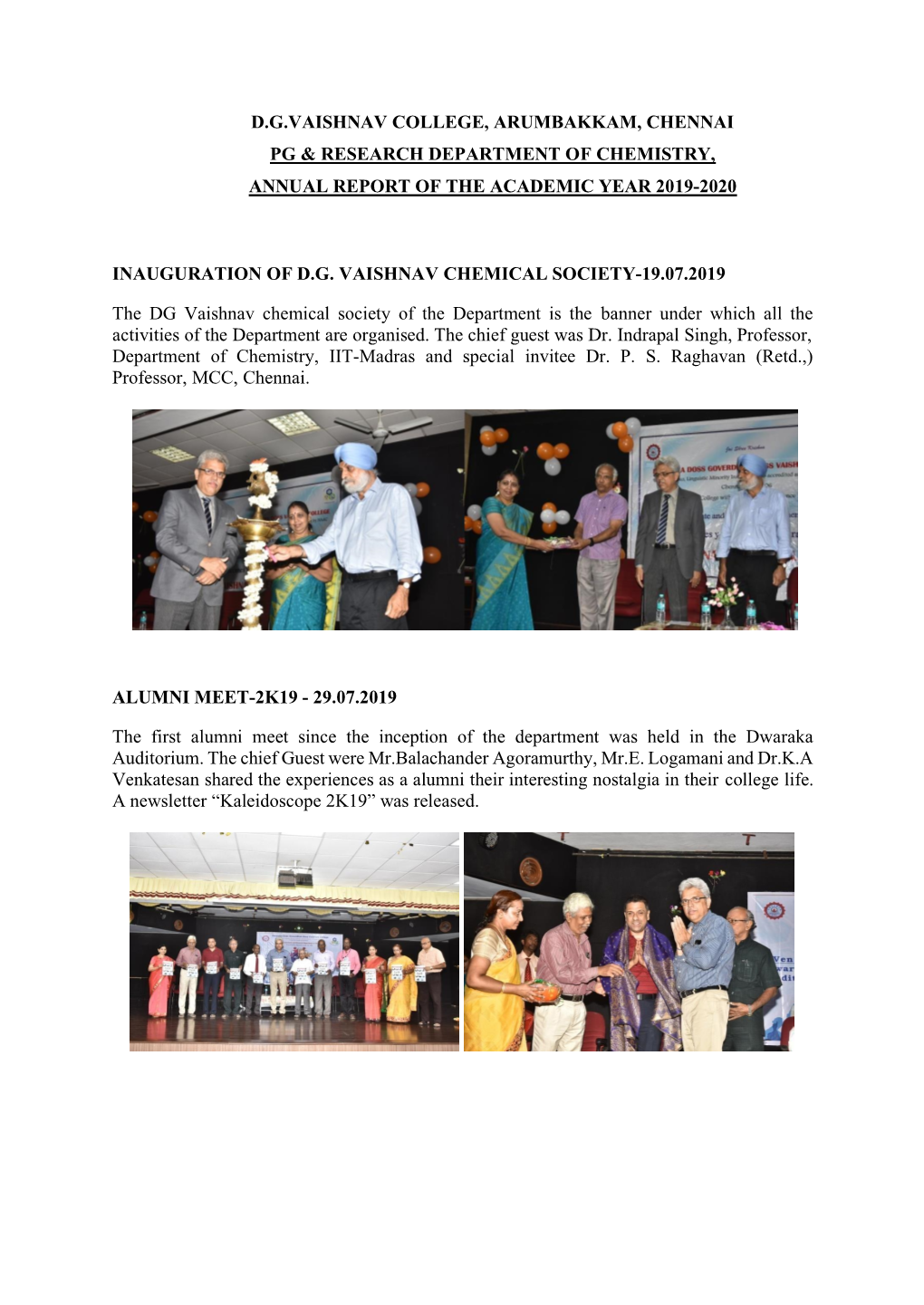 D.G.Vaishnav College, Arumbakkam, Chennai Pg & Research Department of Chemistry, Annual Report of the Academic Year 2019-202