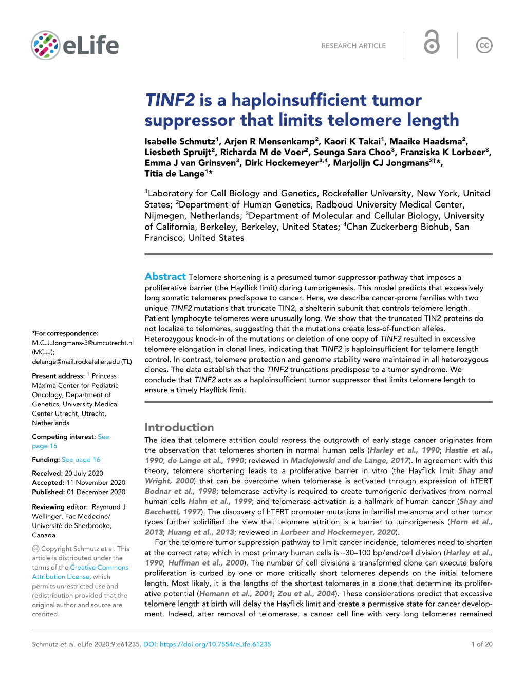 TINF2 Is a Haploinsufficient Tumor Suppressor That Limits