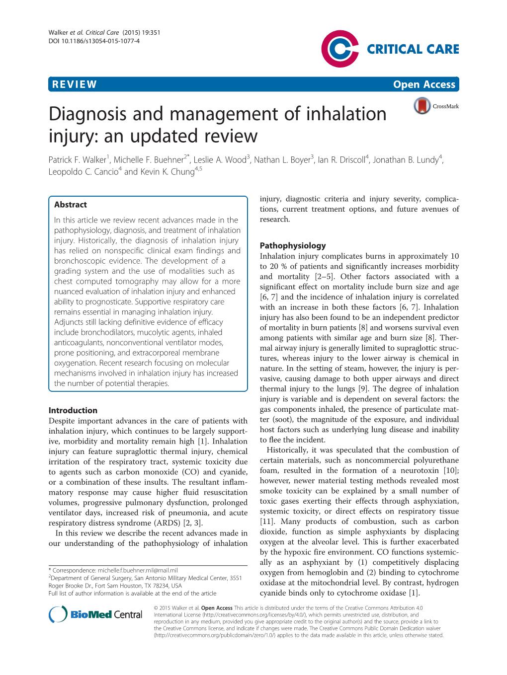 Diagnosis and Management of Inhalation Injury: an Updated Review Patrick F