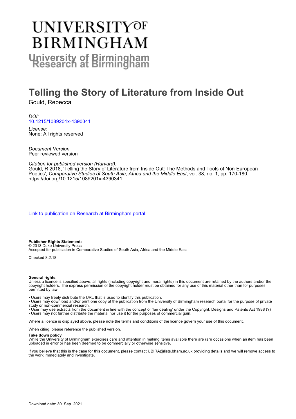 University of Birmingham Telling the Story of Literature from Inside