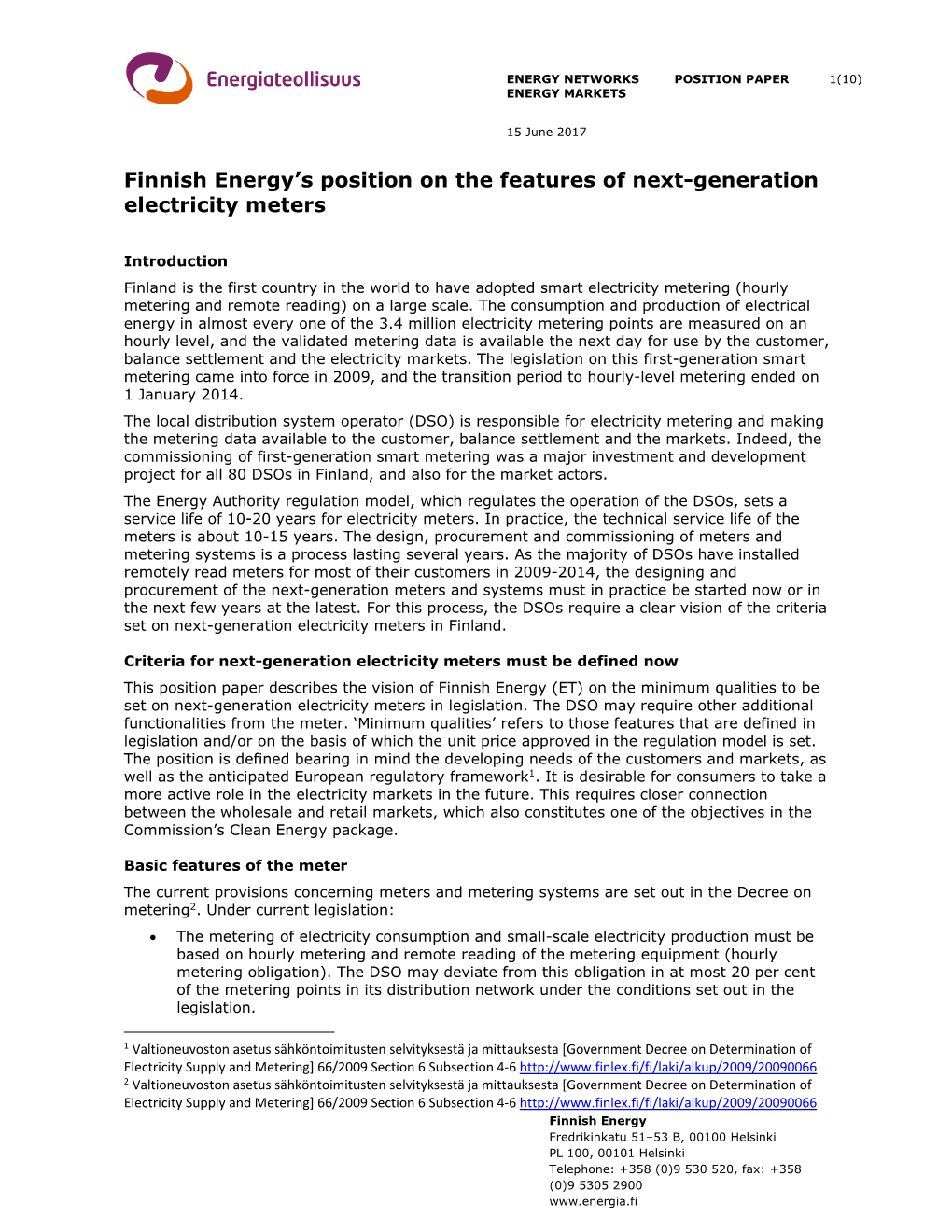 Finnish Energy's Position on the Features of Next-Generation