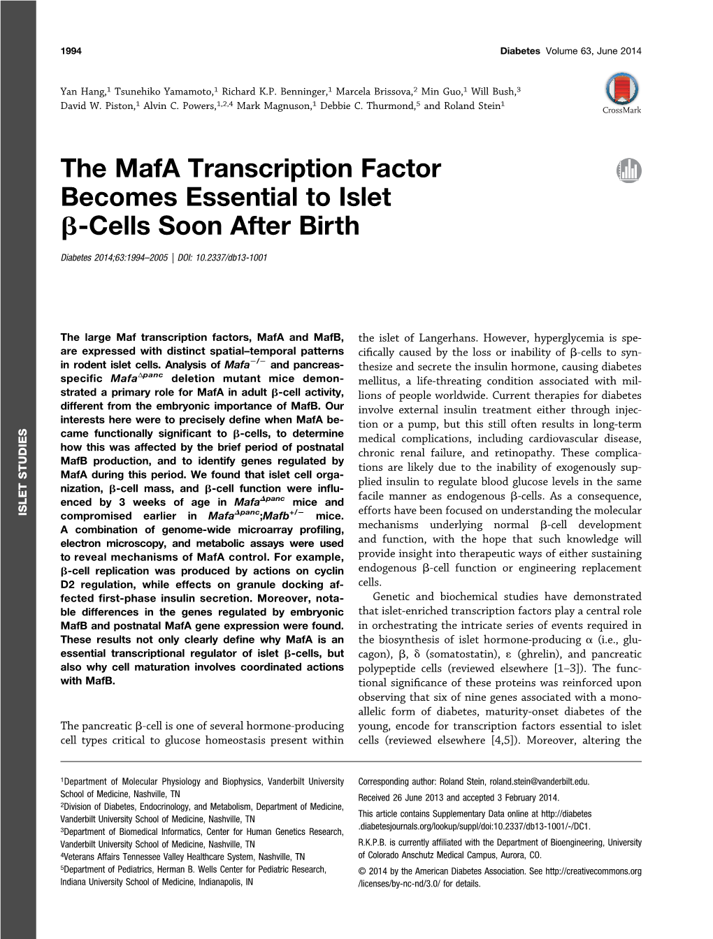 The Mafa Transcription Factor Becomes Essential to Islet B-Cells Soon After Birth