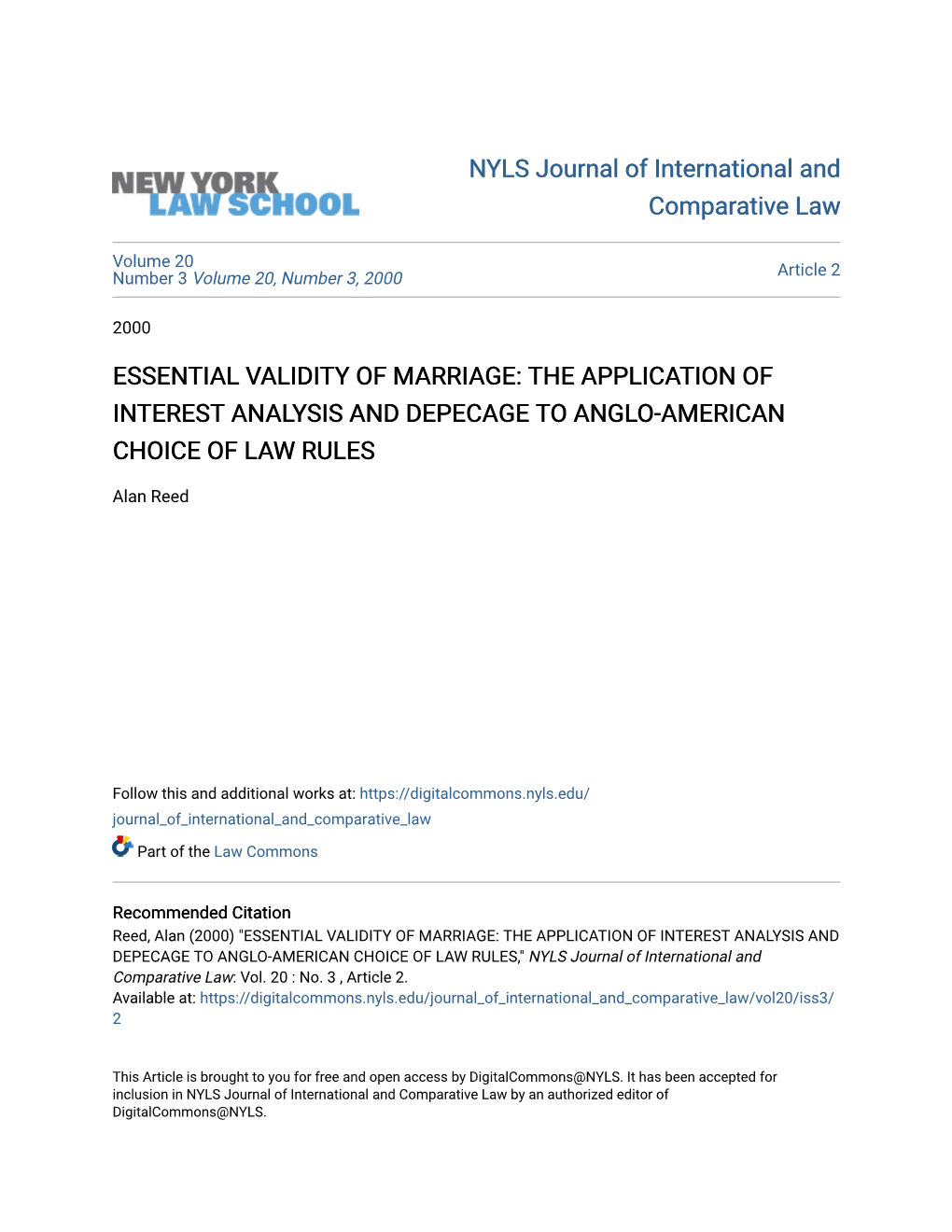 Essential Validity of Marriage: the Application of Interest Analysis and Depecage to Anglo-American Choice of Law Rules