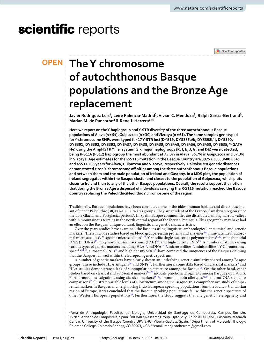 The Y Chromosome of Autochthonous Basque Populations and the Bronze Age Replacement Javier Rodriguez Luis1, Leire Palencia‑Madrid2, Vivian C
