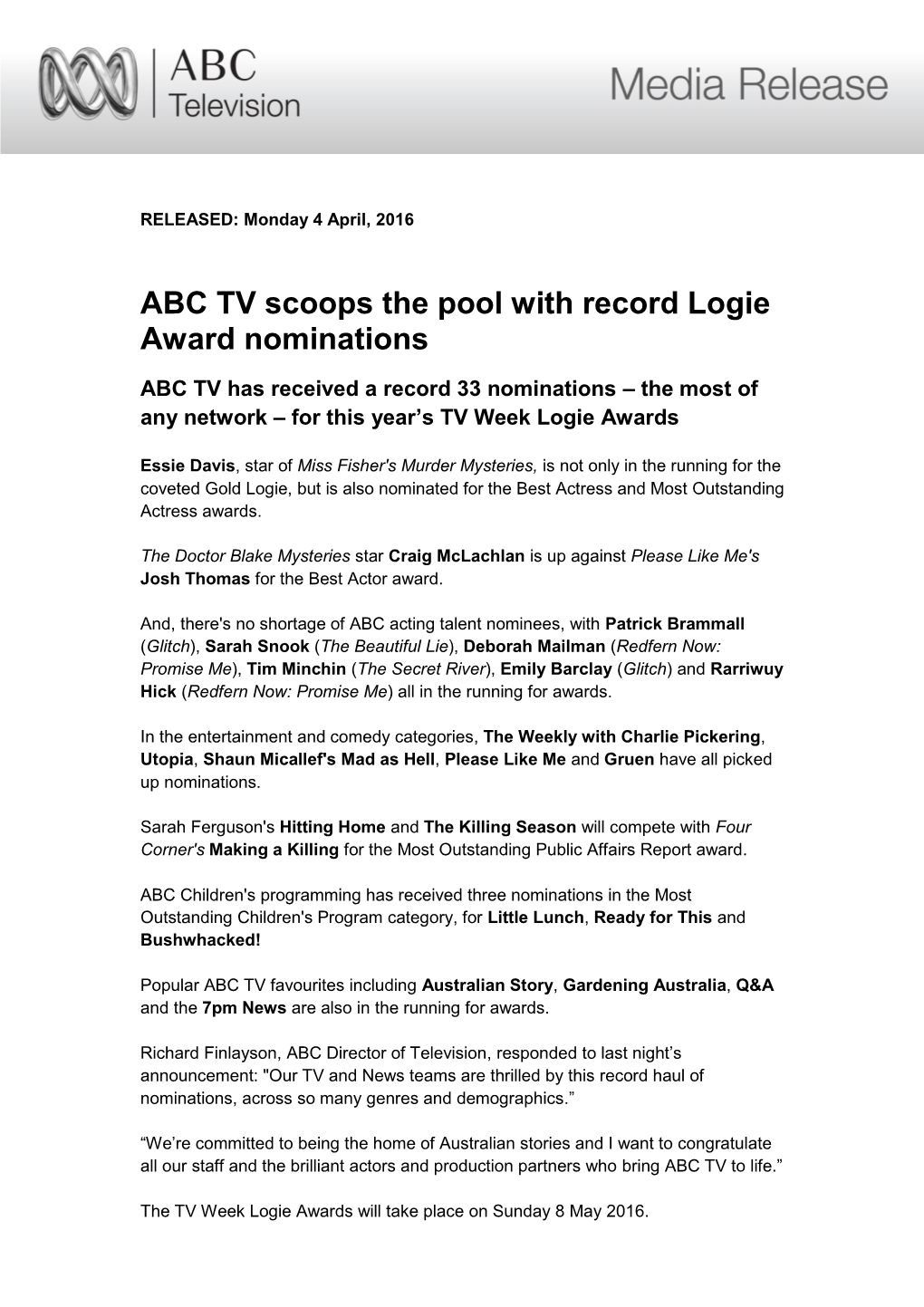 ABC TV Scoops the Pool with Record Logie Award Nominations