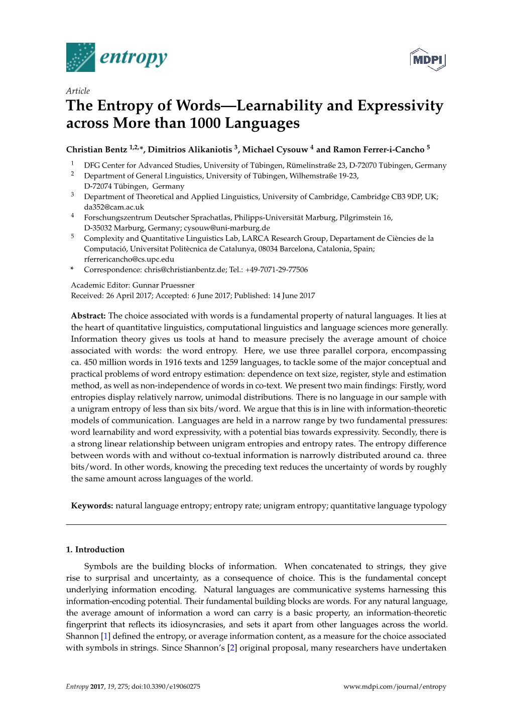 The Entropy of Words—Learnability and Expressivity Across More Than 1000 Languages