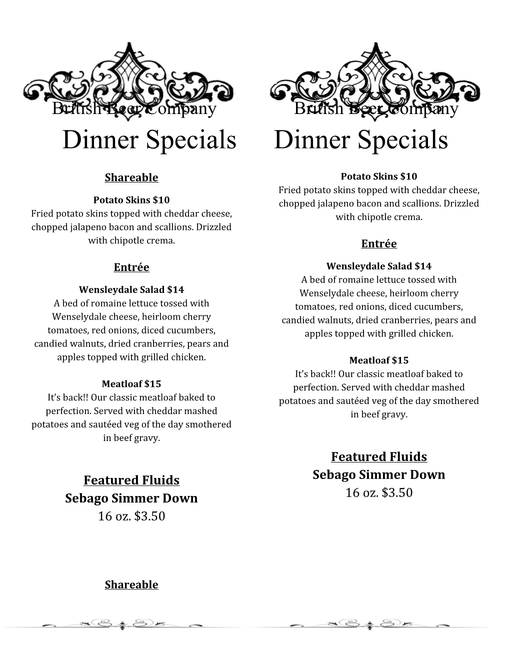 British Beer Company British Beer Company Dinner Specials Dinner Specials