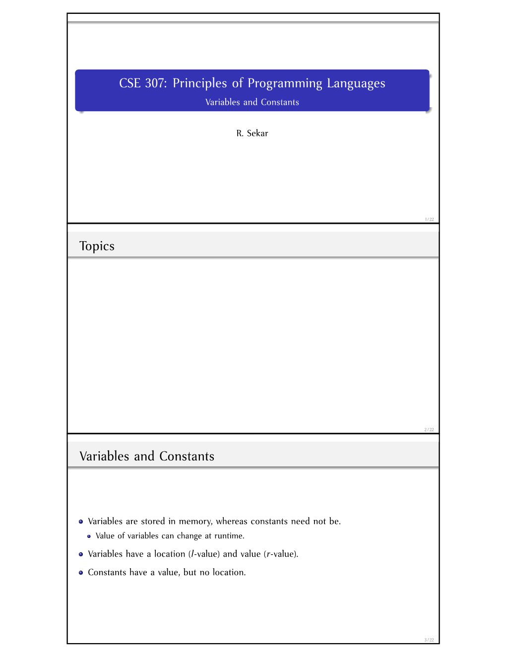CSE 307: Principles of Programming Languages Variables and Constants