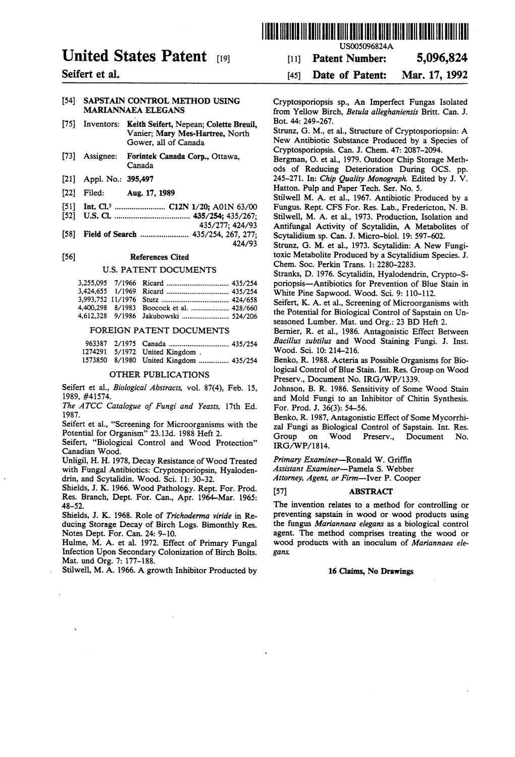 United States Patent (19) 11) Patent Number: 5,096,824 Seifert Et Al