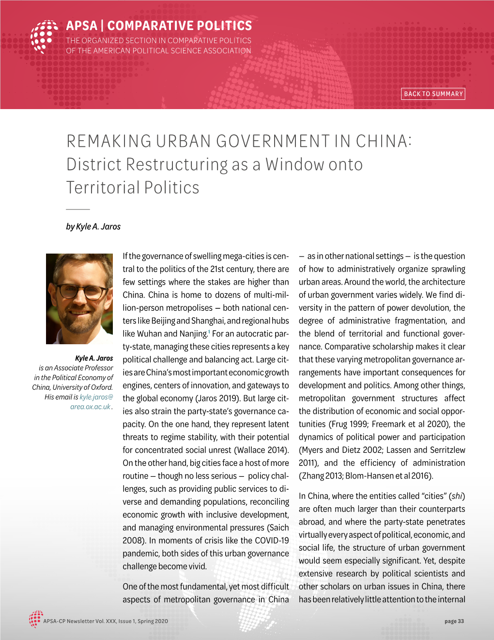 REMAKING URBAN GOVERNMENT in CHINA: District Restructuring As a Window Onto Territorial Politics