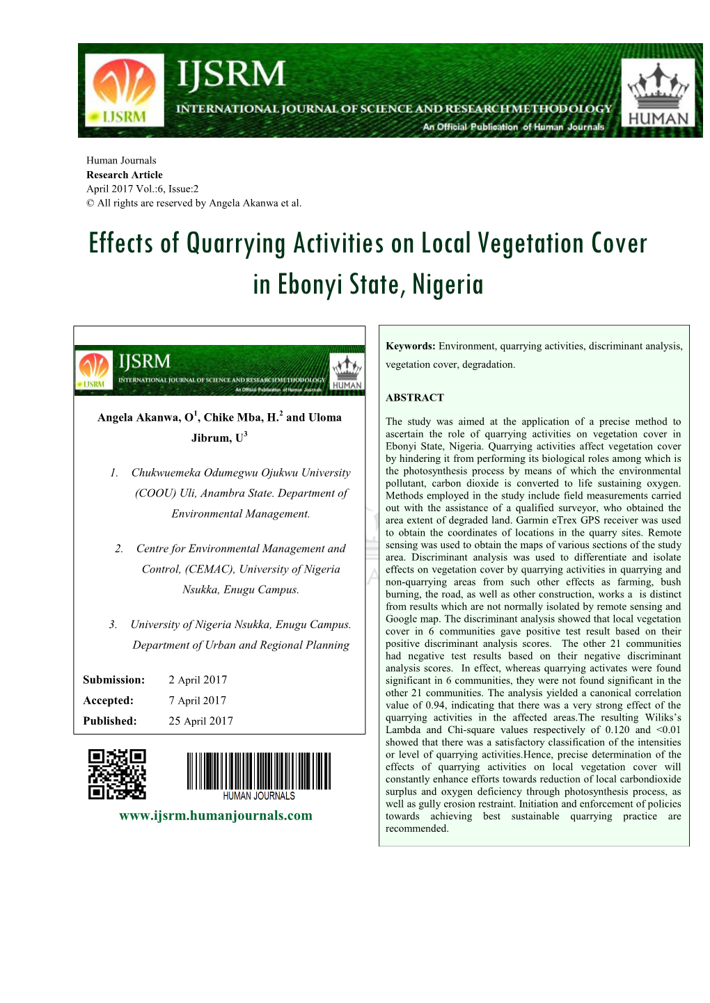 Effects of Quarrying Activities on Local Vegetation Cover in Ebonyi State, Nigeria