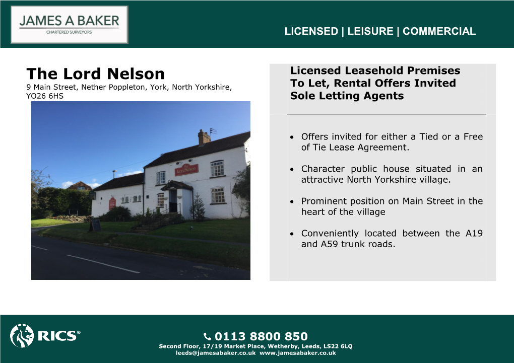 The Lord Nelson Licensed Leasehold Premises 9 Main Street, Nether Poppleton, York, North Yorkshire, to Let, Rental Offers Invited YO26 6HS Sole Letting Agents