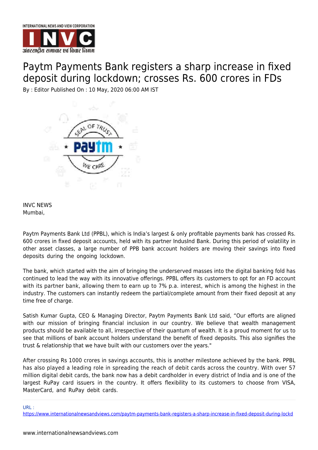 Paytm Payments Bank Registers a Sharp Increase in ﬁxed Deposit During Lockdown; Crosses Rs
