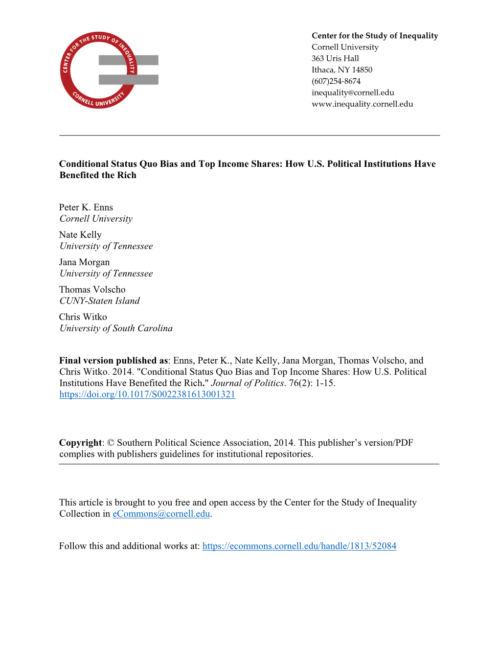 Conditional Status Quo Bias and Top Income Shares: How U.S