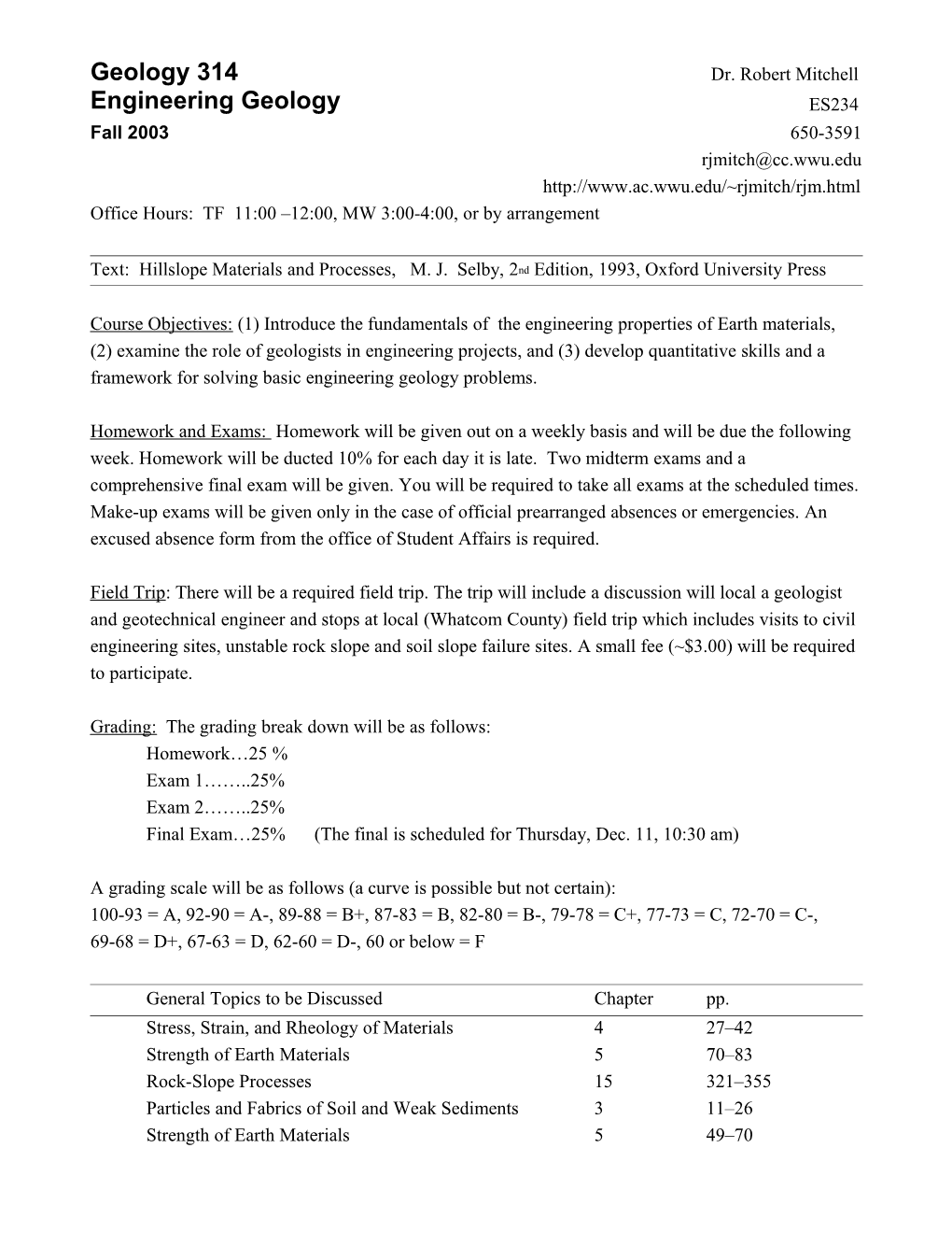 Geology 314 Dr. Robert Mitchell