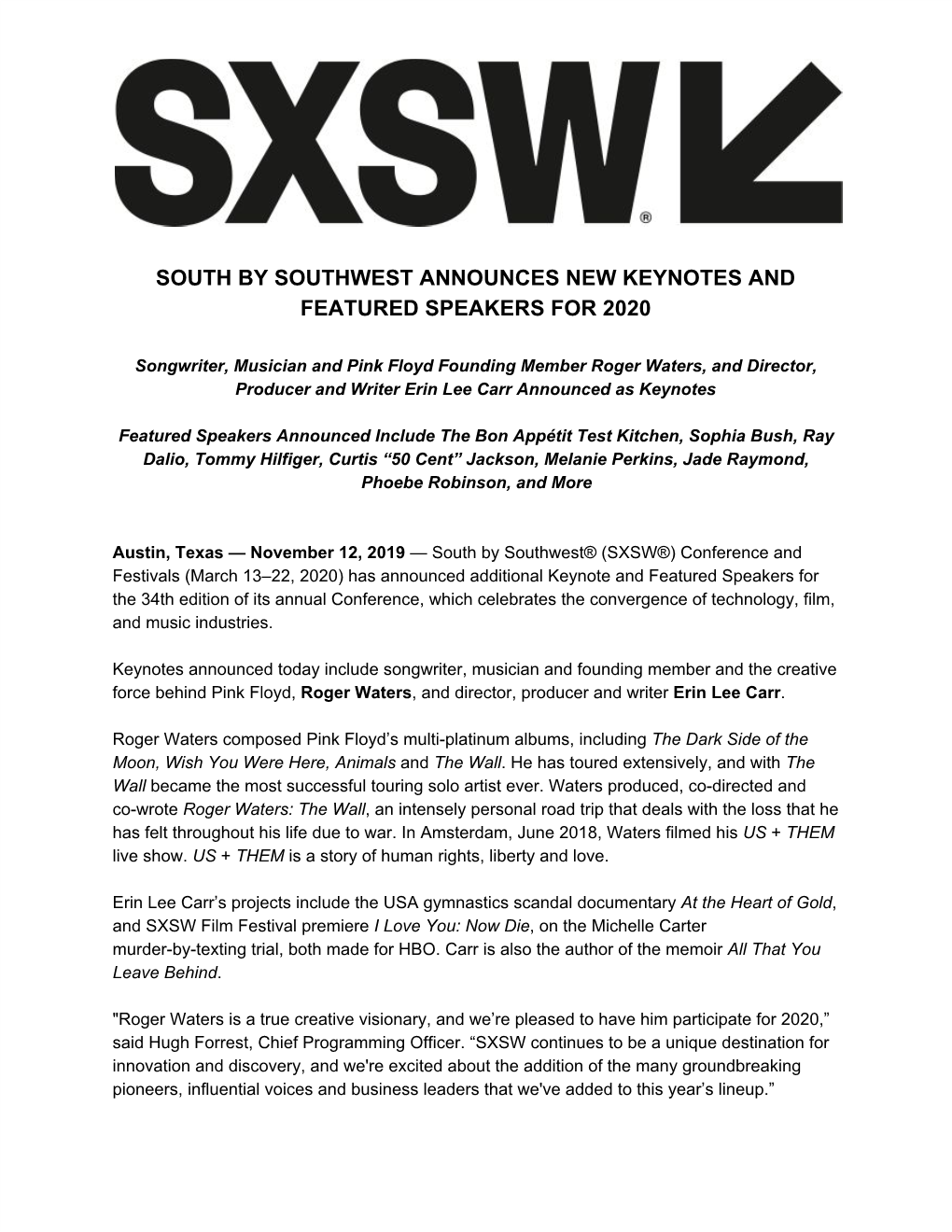 South by Southwest Announces New Keynotes and Featured Speakers for 2020