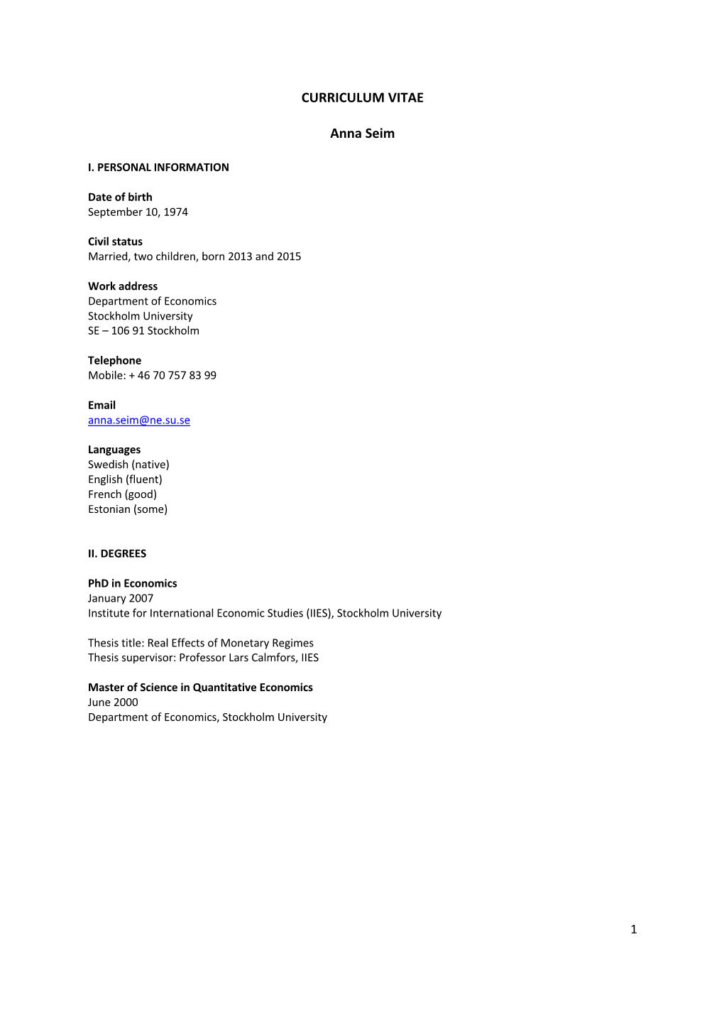 CURRICULUM VITAE Anna Seim