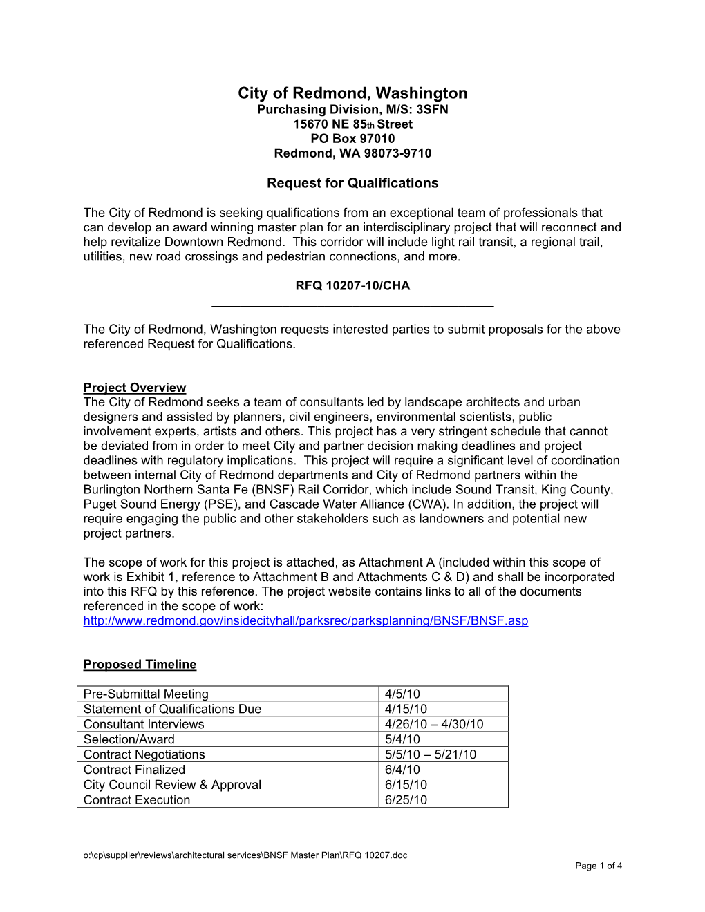 Redmond, Washington Purchasing Division, M/S: 3SFN 15670 NE 85Th Street PO Box 97010 Redmond, WA 98073-9710
