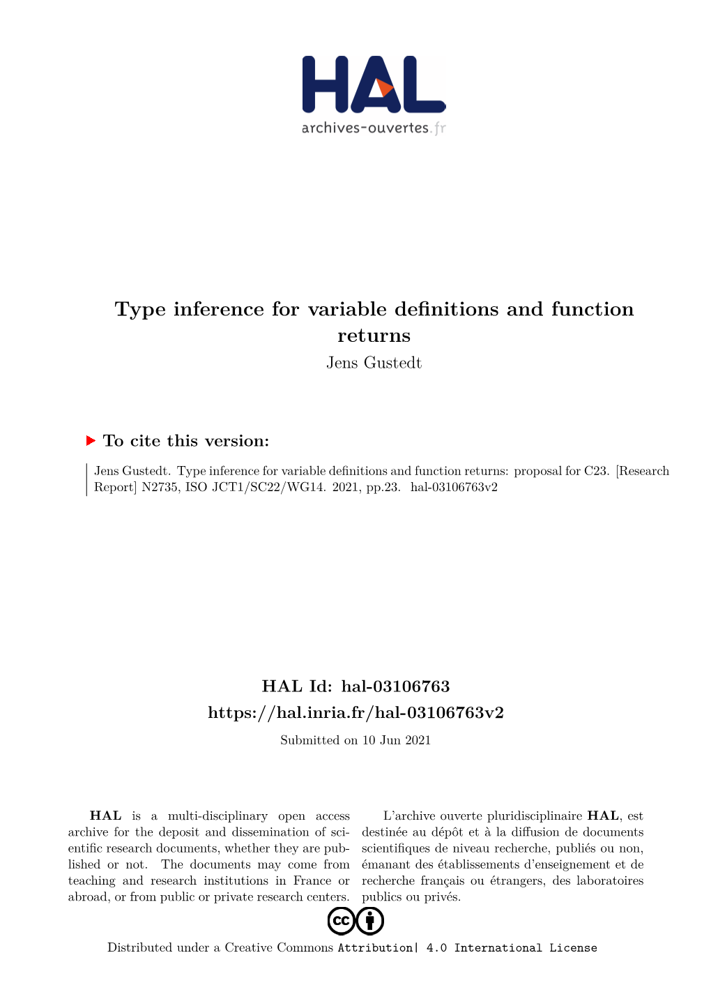 Type Inference for Variable Definitions and Function Returns Jens Gustedt