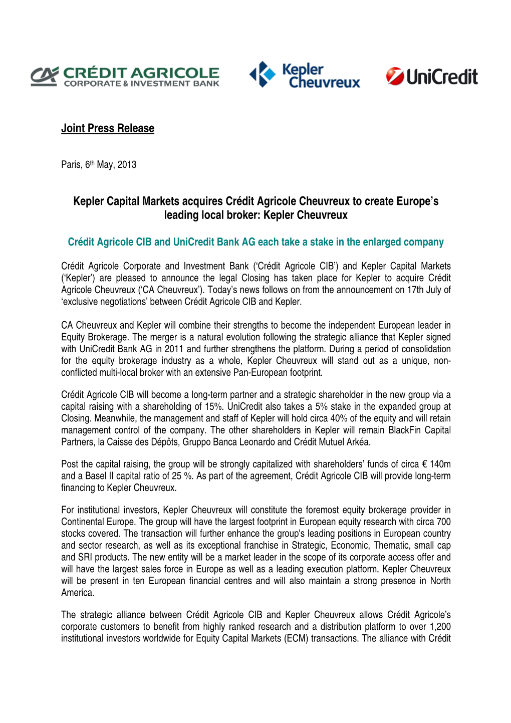 Joint Press Release Kepler Capital Markets Acquires Crédit Agricole