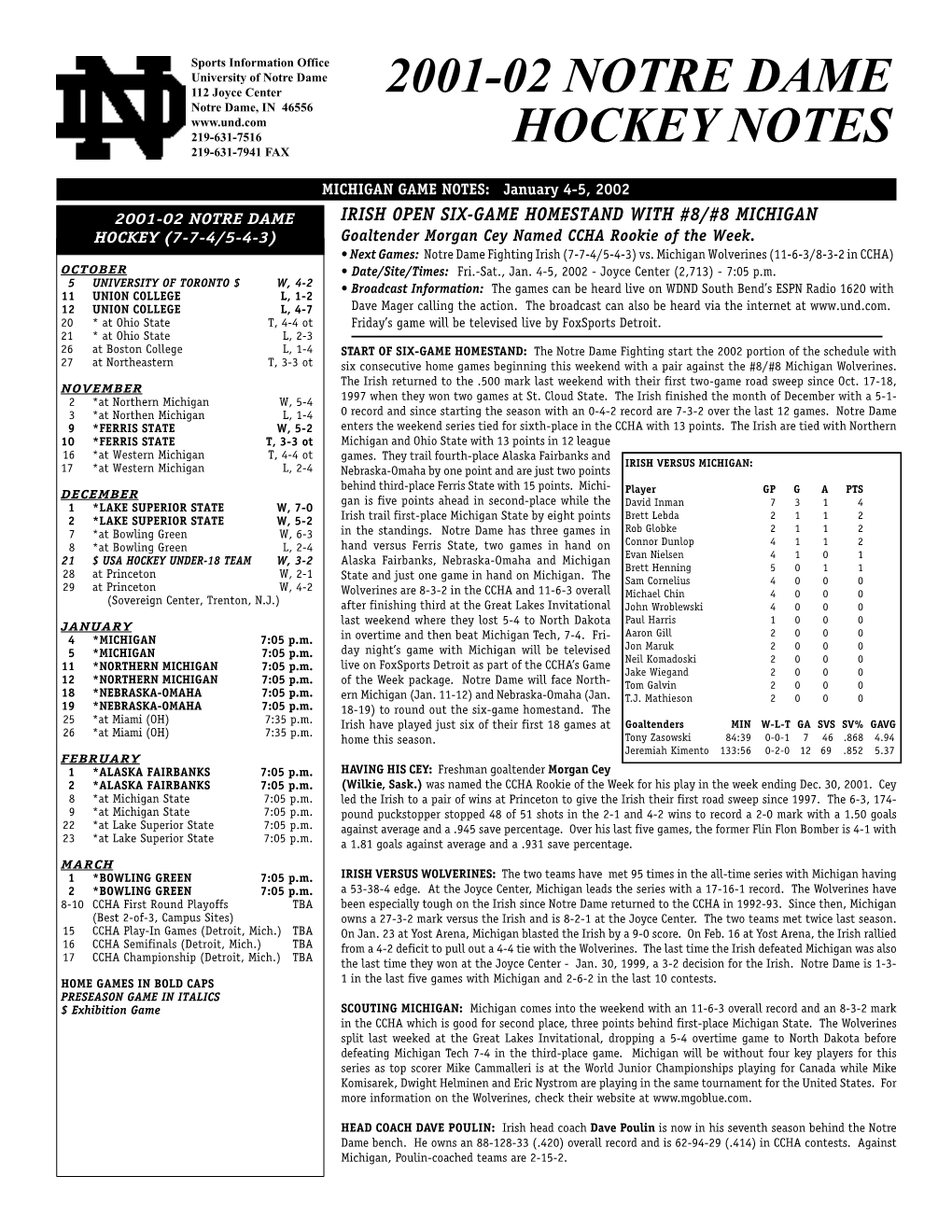 2001-02 Notre Dame Hockey Notes