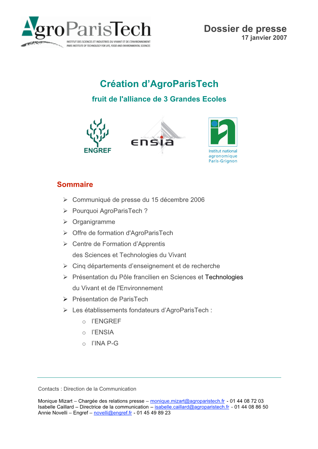 Dossier De Presse Création D'agroparistech