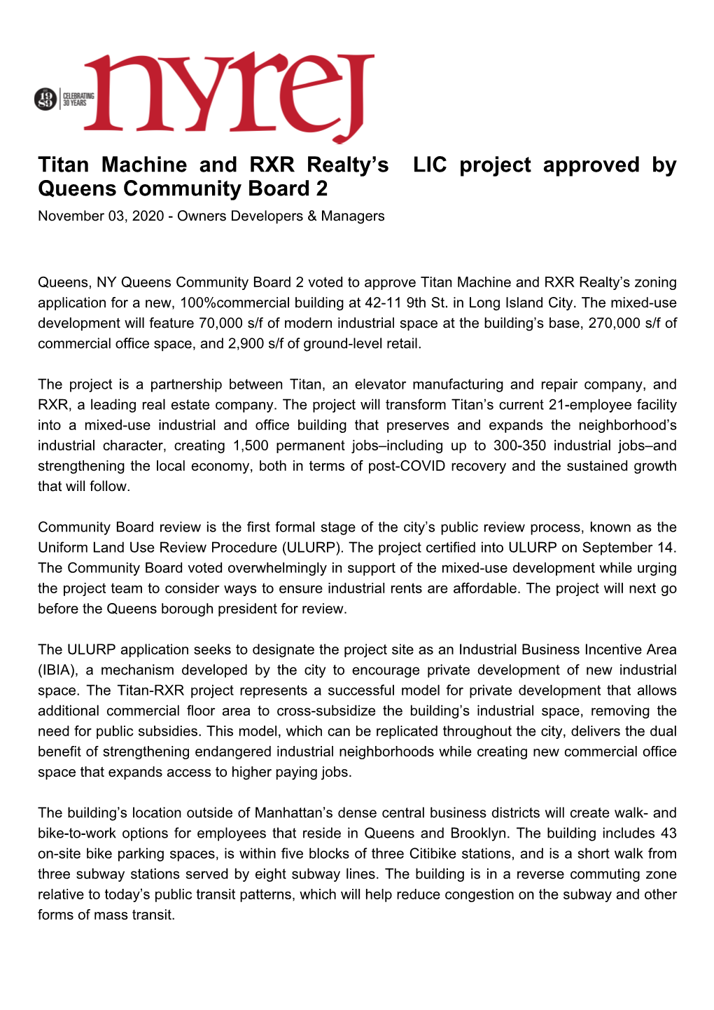 Titan Machine and RXR Realty S LIC Project Approved by Queens Community Board 2