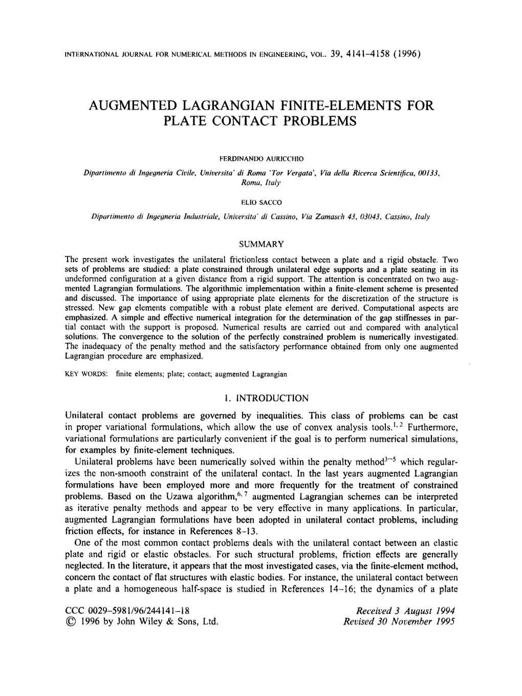 Augmented Lagrangian Finite-Elements for Plate Contact Problems