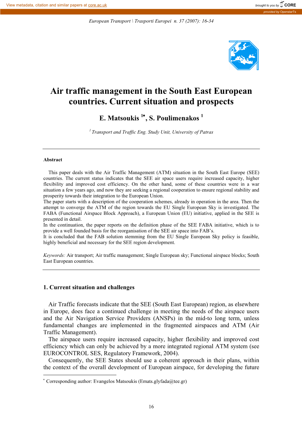 Air Traffic Management in the South East European Countries. Current Situation and Prospects