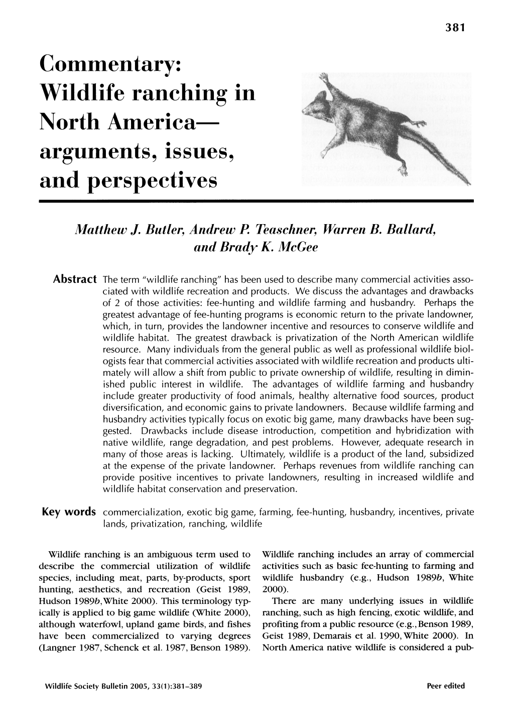 Wildlife Ranching in North America: Arguments, Issues, and Perspectives