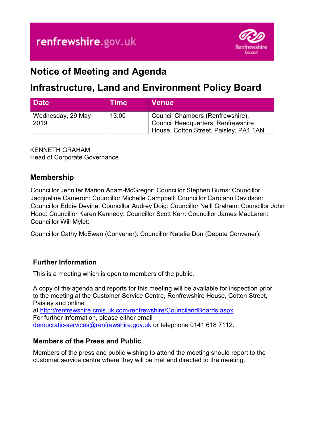 Notice of Meeting and Agenda Infrastructure, Land And