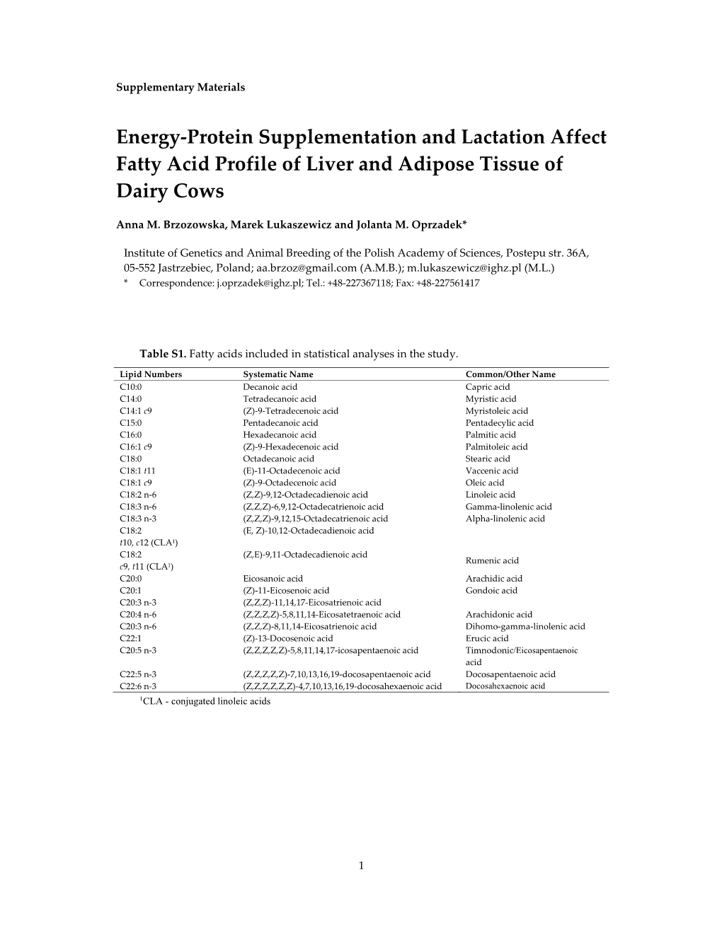 Energy-Protein Supplementation and Lactation Affect Fatty Acid Profile of Liver and Adipose Tissue of Dairy Cows