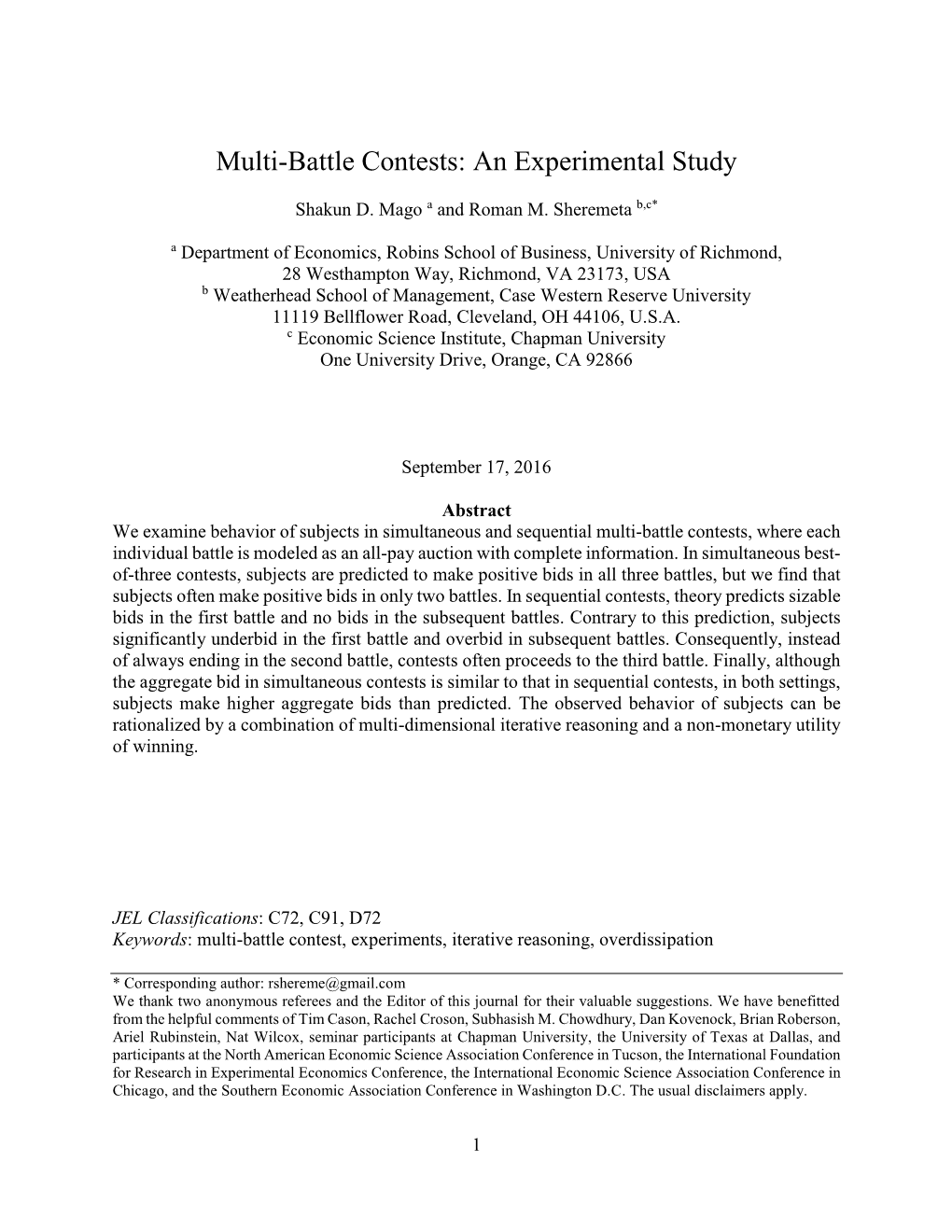 Multi-Battle Contests: an Experimental Study