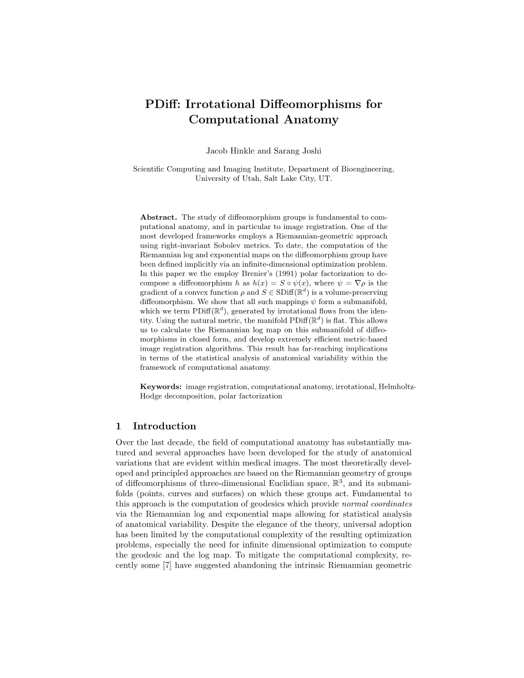 Pdiff: Irrotational Diffeomorphisms for Computational Anatomy