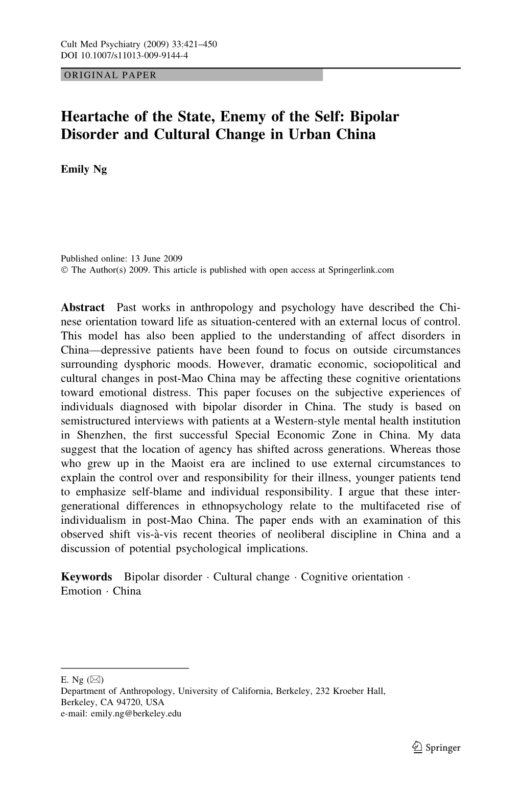 Bipolar Disorder and Cultural Change in Urban China