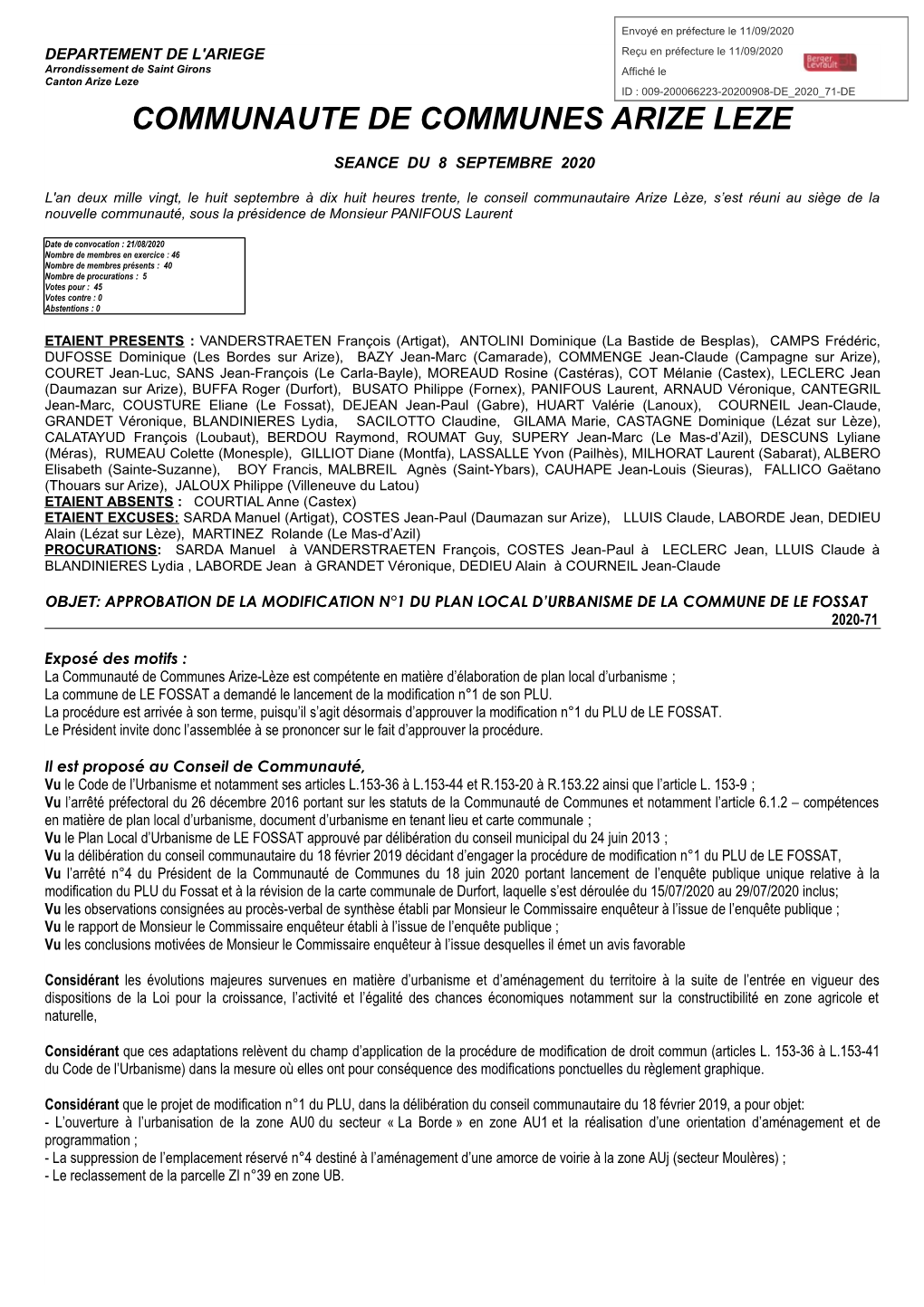 DEPARTEMENT DE L'ariege Arrondissement De Saint Girons Canton Arize Leze COMMUNAUTE DE COMMUNES ARIZE LEZE