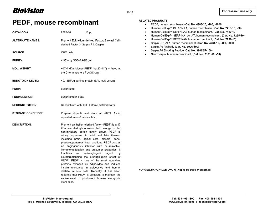 PEDF, Mouse Recombinant  PEDF, Human Recombinant (Cat