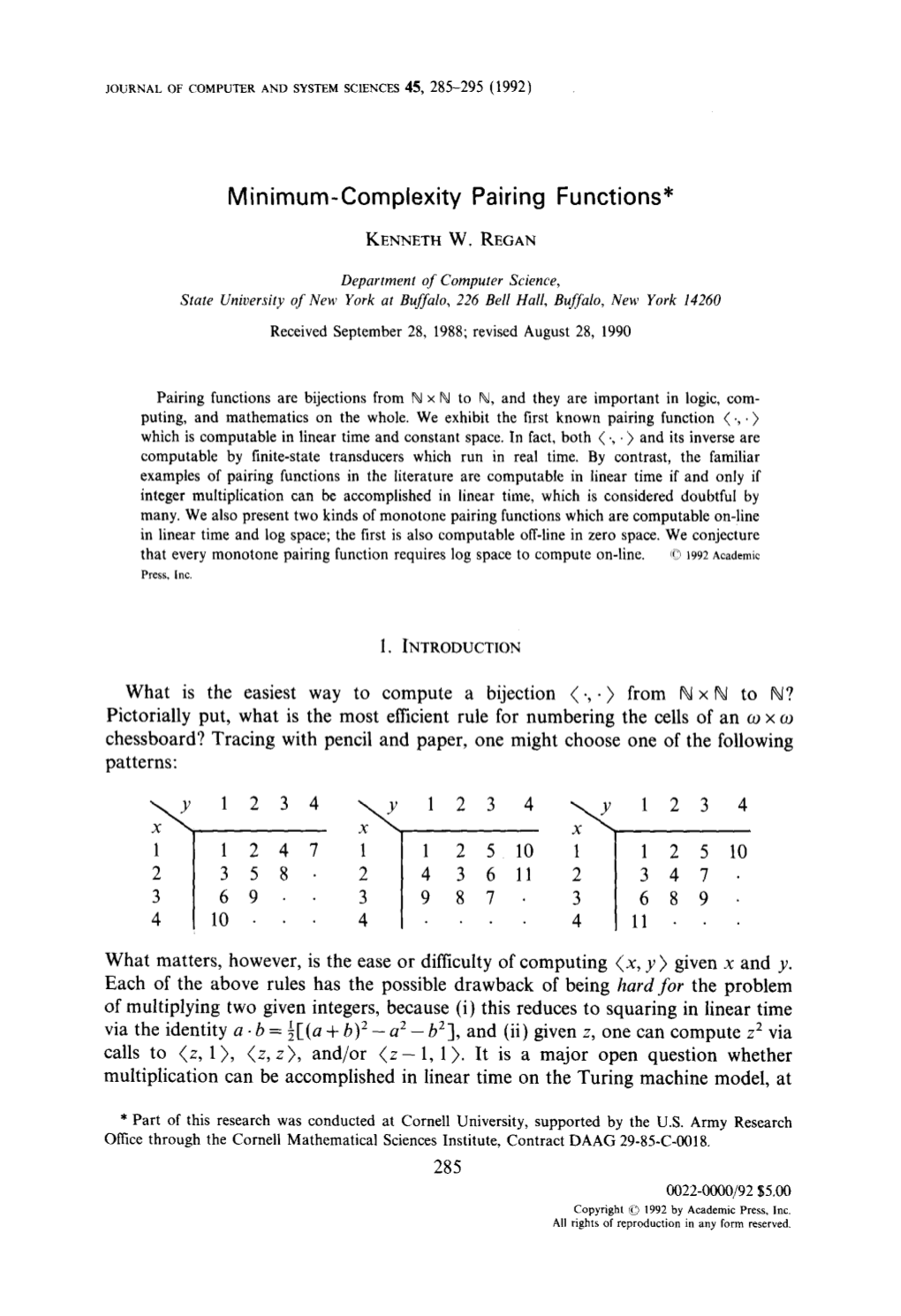 Minimum-Complexity Pairing Functions*