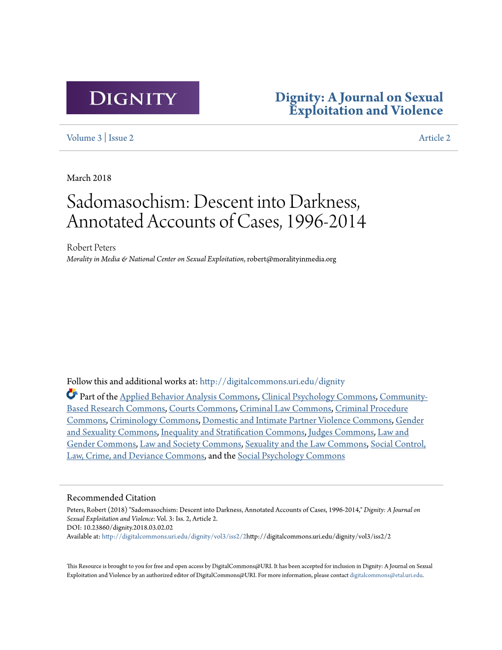 Descent Into Darkness, Annotated Accounts of Cases, 1996-2014 Robert Peters Morality in Media & National Center on Sexual Exploitation, Robert@Moralityinmedia.Org