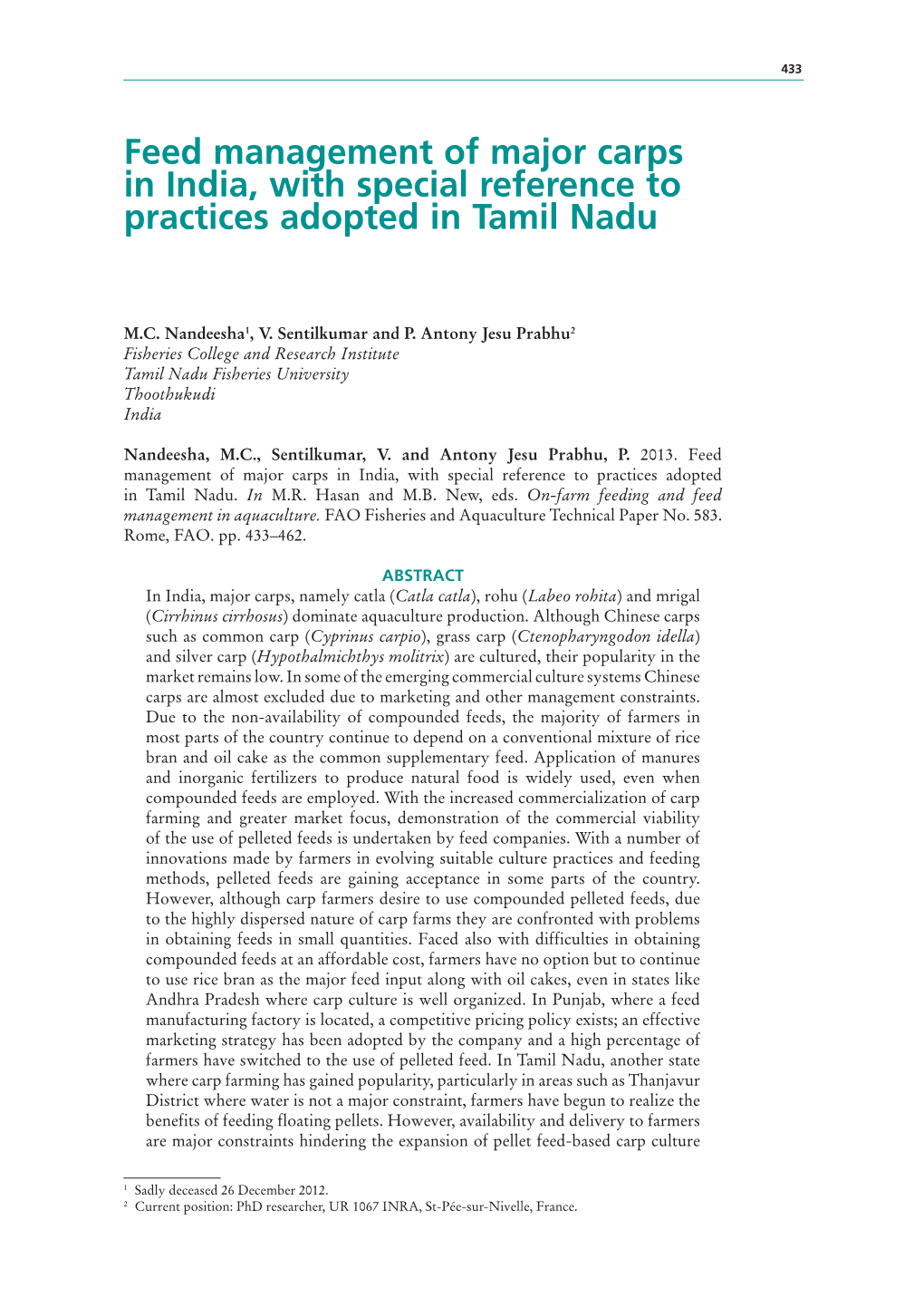 Feed Management of Major Carps in India, with Special Reference to Practices Adopted in Tamil Nadu