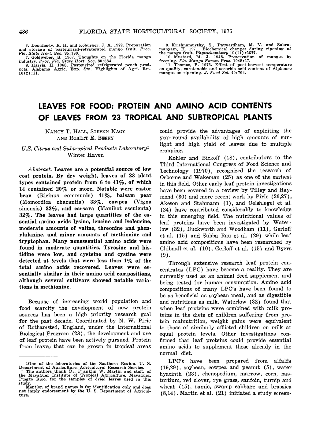 Protein and Amino Acid Contents of Leaves from 23 Tropical and Subtropical Plants